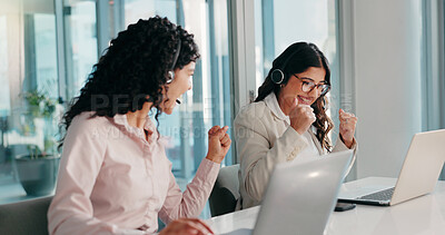 Buy stock photo Online, woman and success for lead generation, call center and review of sales on laptop or excited. Happy, representative and people with headset for telemarketing, coworkers and winner with tech