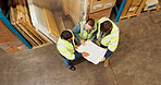 Business people, contractor and above with blueprint for construction or floor plan at warehouse. Top view, employees or architects with document, paper or design for building schematics at storage