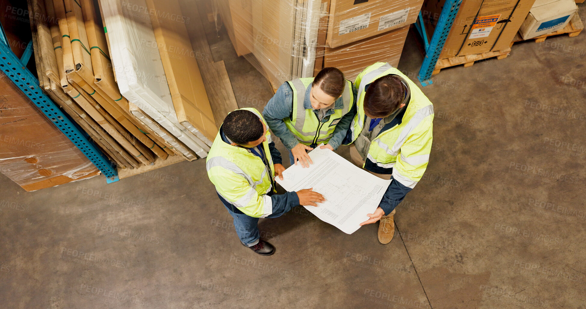 Buy stock photo Business people, contractor and above with blueprint for construction or floor plan at warehouse. Top view, employees or architects with document, paper or design for building schematics at storage