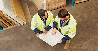 Buy stock photo Businessmen, contractor and above with blueprint for construction or floor plan at warehouse. Male people, employees or architects with document, paper or design for building schematics at storage