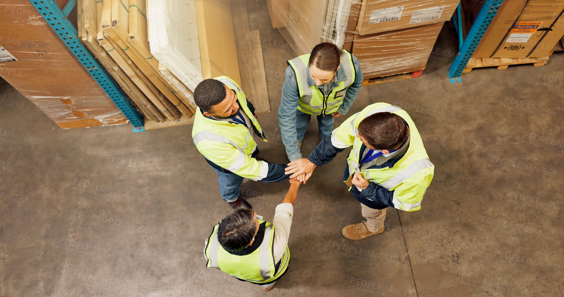 Buy stock photo People, hands stack and team at warehouse for logistics, above or motivation for supply chain job. Men, women and circle with synergy for inventory, solidarity and group for shipping at storage plant