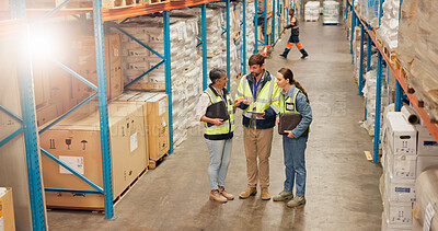 Buy stock photo People, tablet and team at warehouse for supply chain, talk and checklist for stock at storage plant. Man, women and above for inventory, application and solution for shipping with logistics meeting