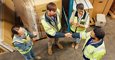 Buy stock photo People, handshake and team at warehouse for logistics, above and welcome for supply chain job. Men, women and circle with applause for promotion, celebration and group for shipping at storage plant