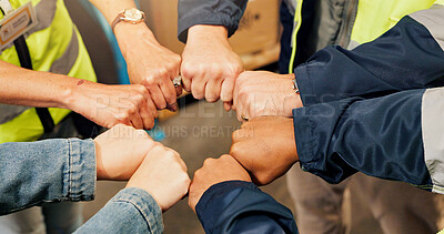 Buy stock photo Construction, team and hands of people with fist bump for solidarity, collaboration and connection. Engineering, building warehouse and workers together for infrastructure, cooperation and support