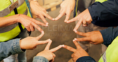Buy stock photo Construction, team and hands of people with star for solidarity, collaboration and connection. Engineering, building warehouse and workers with peace sign for infrastructure, cooperation and support