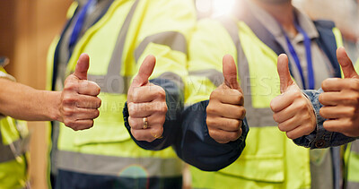 Buy stock photo Construction, teamwork and hands of people with thumbs up for building, project approval or agreement. Engineering, architects and workers with yes emoji for infrastructure, inspection or development