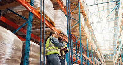 Buy stock photo Happy people, contractor and laughing with tablet in warehouse for funny joke or humor. Man, woman or low angle with smile or inventory on tech for comedy, logistics or supply chain at storage