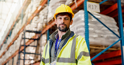 Buy stock photo Portrait, logistics and trade with man in warehouse for cargo shipping, supply chain or storage. Distribution center manager, export and freight inspector with person in factory for quality control