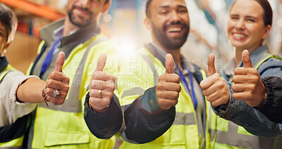 Buy stock photo Warehouse, happy and team of people with thumbs up for logistics, supply chain and approval. Manufacturing, distribution and workers with yes emoji for agreement, inspection and collaboration
