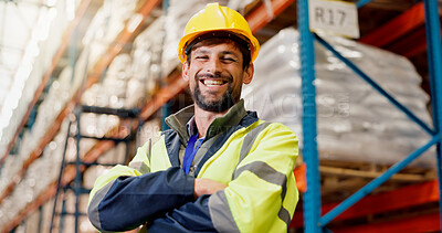 Buy stock photo Portrait, logistics and arms crossed with man in warehouse for cargo shipping, supply chain or trade. Distribution center manager, export and freight with person in factory for quality control