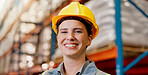 Portrait, logistics and smile with woman in warehouse for cargo shipping, supply chain or trade. Distribution center manager, export and freight inspector with person in factory for quality control