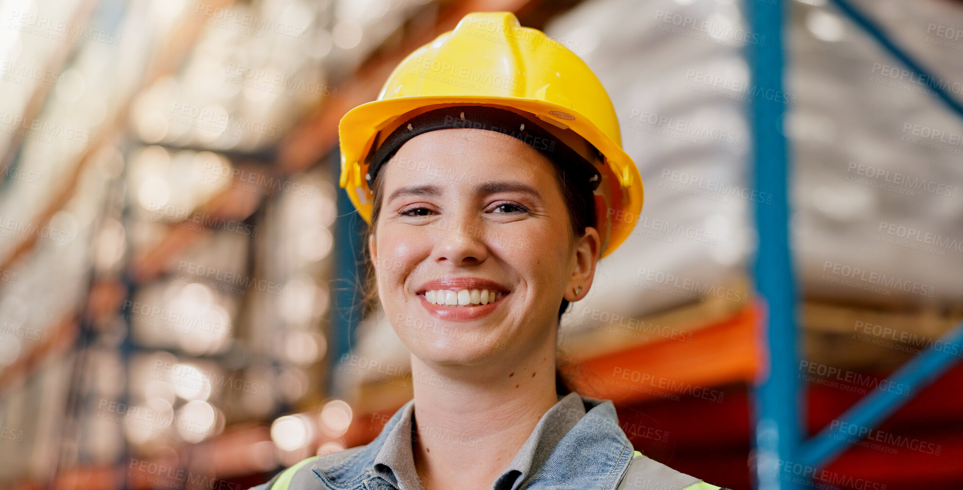 Buy stock photo Portrait, logistics and smile with woman in warehouse for cargo shipping, supply chain or trade. Distribution center manager, export and freight inspector with person in factory for quality control