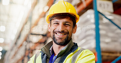 Buy stock photo Portrait, logistics and happy with man in warehouse for cargo shipping, supply chain or trade. Distribution center manager, export and freight inspector with person in factory for quality control