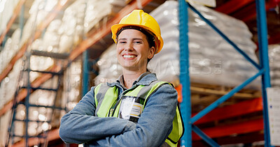 Buy stock photo Portrait, logistics and arms crossed with woman in warehouse for cargo shipping, supply chain or trade. Distribution center manager, export and freight with person in factory for quality control