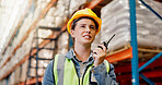 Business, radio and woman in warehouse, logistics and conversation with distribution. Person, factory and employee in workplace, helmet and discussion with industry, quality control and manufacturing