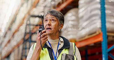 Buy stock photo Woman, radio and talk at warehouse for logistics, stress or package with solution for global shipping. Mature person, wireless tech and problem solving for supply chain management at industry plant
