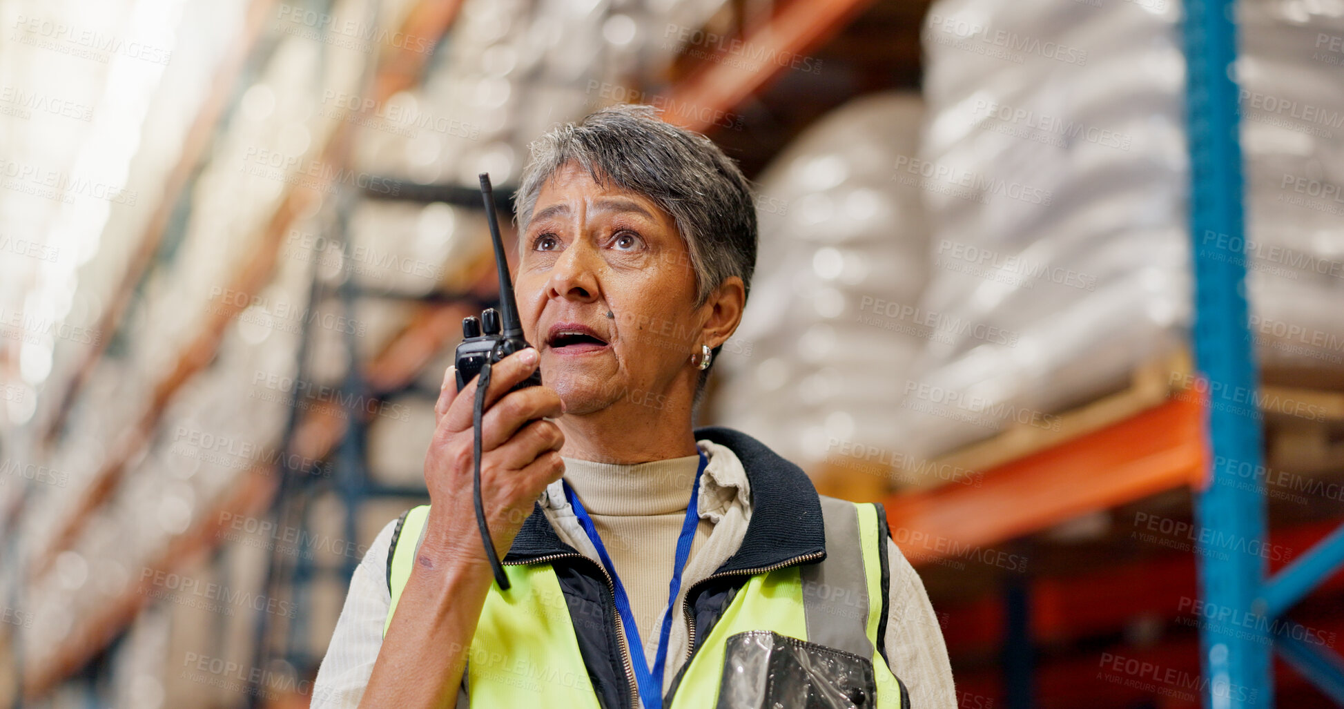 Buy stock photo Woman, radio and talk at warehouse for logistics, stress or package with solution for global shipping. Mature person, wireless tech and problem solving for supply chain management at industry plant