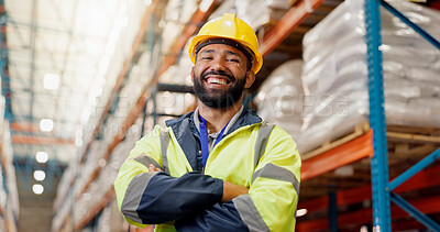 Buy stock photo Happy, man and portrait at logistics warehouse for inspection, supply chain and cargo shipping. Male person, arms crossed and factory for distribution, freight service and quality assurance of export