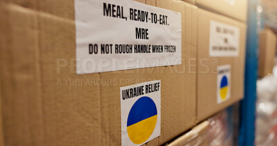 Buy stock photo Shipping, Ukraine and charity with box in warehouse for logistics, food package and donation. NGO distribution, war crisis and humanitarian aid with cargo in factory for social responsibility