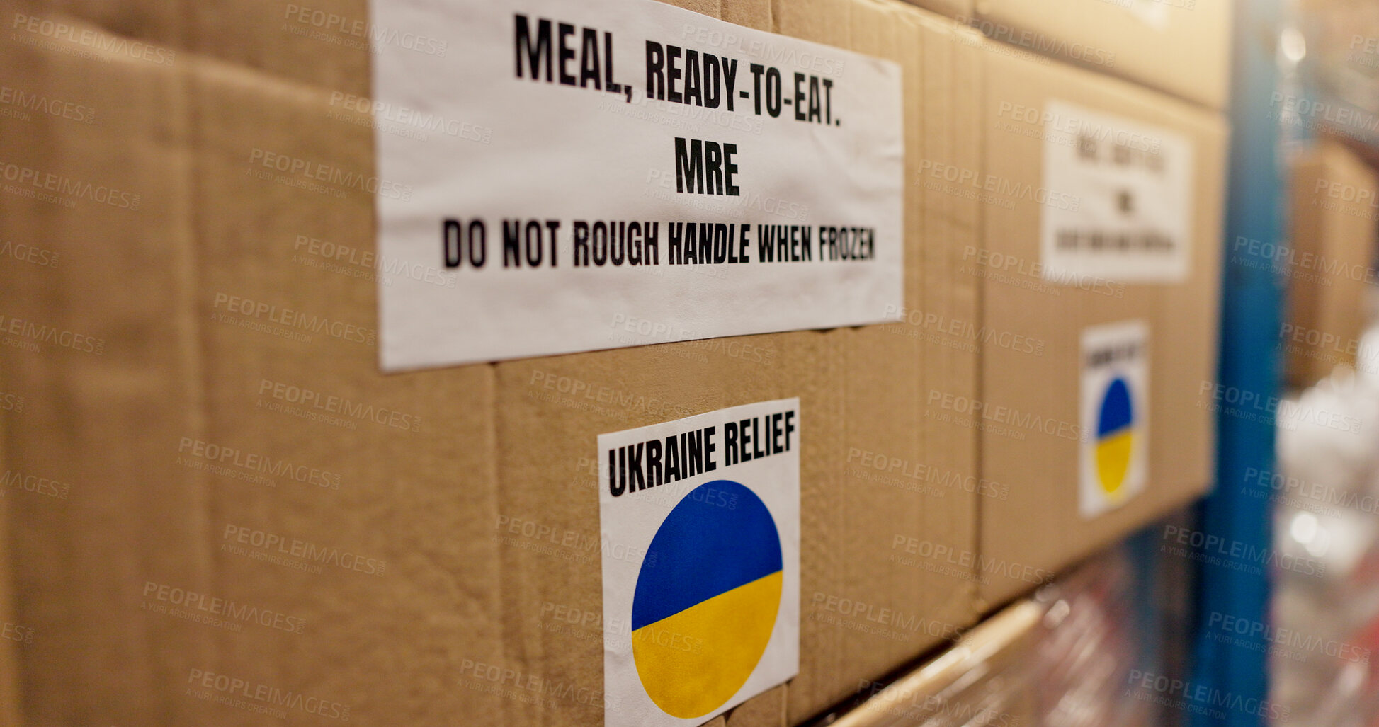 Buy stock photo Shipping, Ukraine and charity with box in warehouse for logistics, food package and donation. NGO distribution, war crisis and humanitarian aid with cargo in factory for social responsibility
