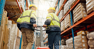 Buy stock photo People, contractor and warehouse with pallet jack for stock, distribution or cargo transportation. Back view, team or colleagues in storage for inventory shipping, packing or loading in logistics