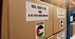 Export, Palestine and charity with box in warehouse for logistics, food package and donation. Ngo distribution, gaza relief and humanitarian aid with cargo in factory for social responsibility