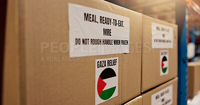 Buy stock photo Export, Palestine and charity with box in warehouse for logistics, food package and donation. NGO distribution, Gaza relief and humanitarian aid with cargo in factory for social responsibility