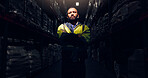 Portrait, night and man with arms crossed, supply chain and manufacturing with career ambition. Face, person and inspector with vest, evening and logistics with shipping, pride or expert with import