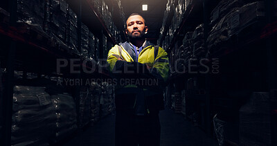 Buy stock photo Portrait, night and man with arms crossed, supply chain and manufacturing with career ambition. Face, person and inspector with vest, evening and logistics with shipping, pride or expert with import