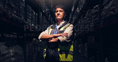 Buy stock photo Mature woman, portrait and logistics with confidence in warehouse for supply chain or distribution. Female person, manager or cargo freight with arms crossed for inventory control or stock management
