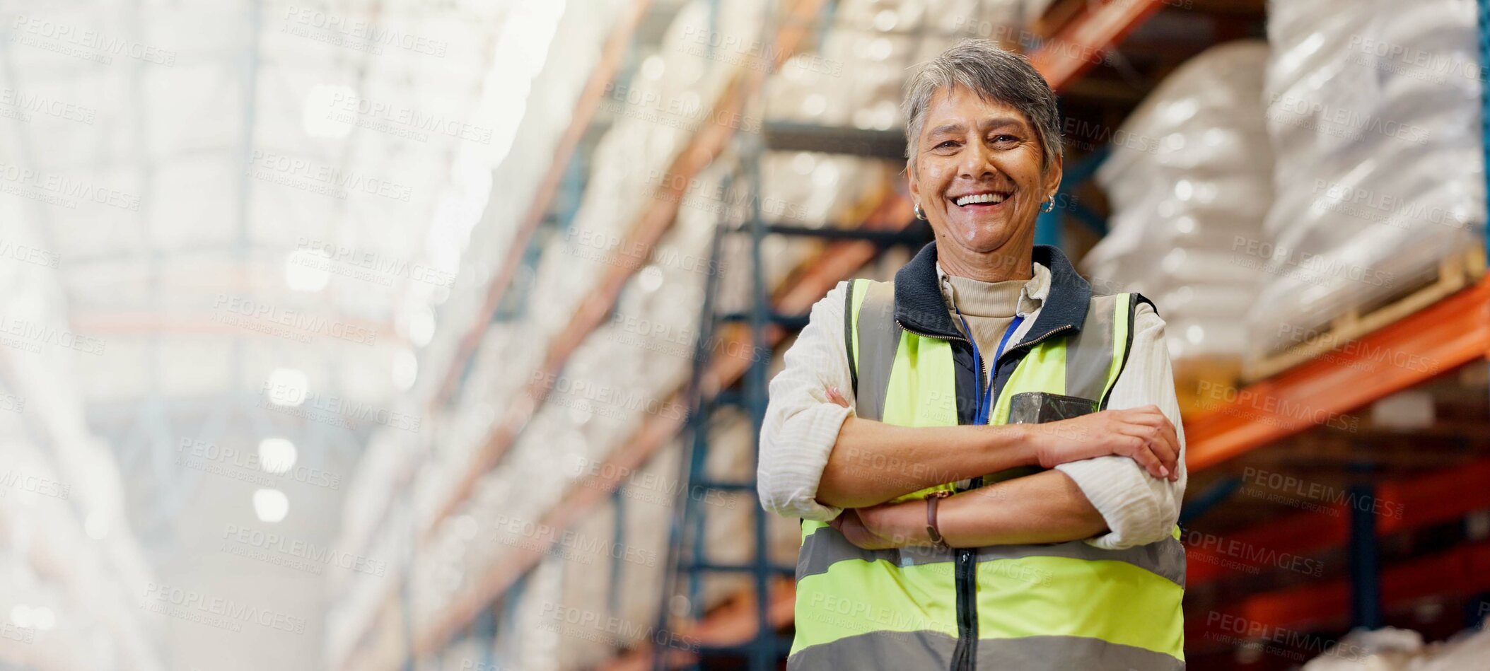 Buy stock photo Woman, arms crossed and smile at warehouse for logistics, pride or space for supply chain management. Mature person, happy and engineer with shipping job, freight and portrait at plant in Colombia