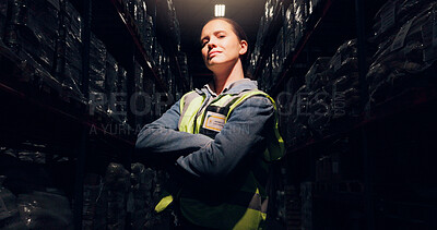 Buy stock photo Portrait, night and woman with arms crossed, distribution and manufacturing with confidence. Logistics, person or inspector with vest, evening or expert with shipping, career ambition or supply chain