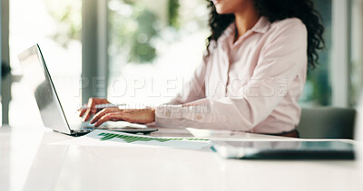 Buy stock photo Hands, research and laptop with business woman in office for typing, broker report and account manager. Planning, investment review and budget admin with person in financial agency for portfolio
