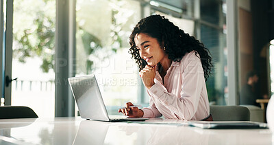 Buy stock photo Business, woman or happy with laptop in office for editor feedback, article research or proofreading. Media agency, journalist and tech for editing story, creative inspiration and reading information