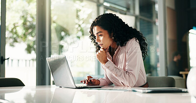 Buy stock photo Business, woman or thinking with laptop in office for editor feedback, article insight or planning. Media agency, journalist and technology for editing story, creative inspiration and headline ideas