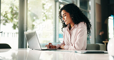 Buy stock photo Typing, businesswoman and research on laptop for account management or finance report. Auditor, budget or female accountant with technology for taxes compliance, investment project or auditing update