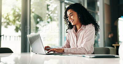 Buy stock photo Finance, laptop and typing with business woman in office for review of account, information or report. Computer, investment and smile with financial analyst at desk in workplace for wealth management