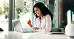 Laptop, success and excited with business woman in office for profit, stock market growth and bonus. Portfolio manager, good news and celebration with person in financial agency for trading target
