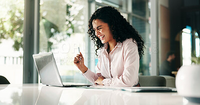 Buy stock photo Laptop, success and excited with business woman in office for profit, stock market growth and bonus. Portfolio manager, good news and celebration with person in financial agency for trading target