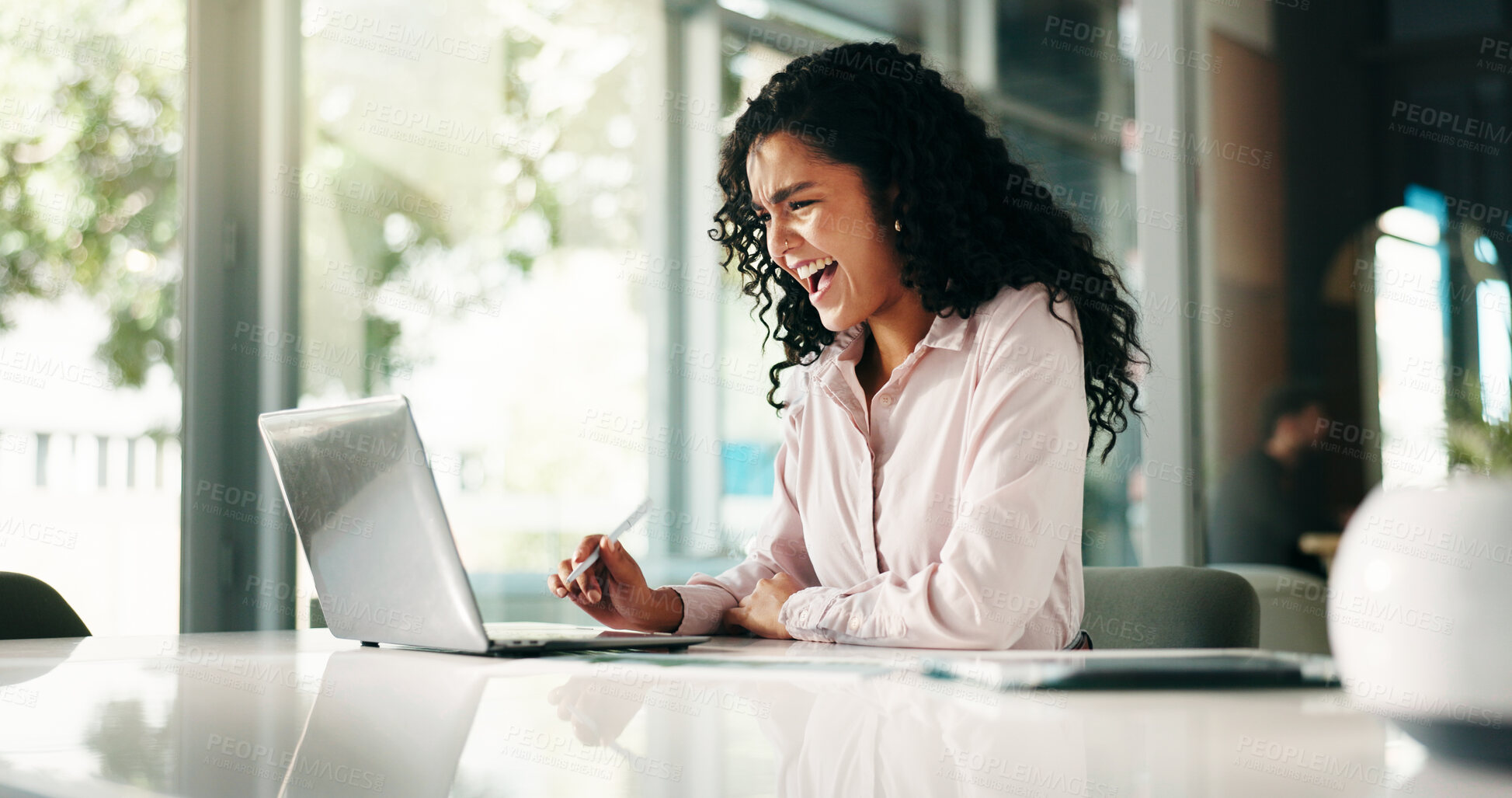 Buy stock photo Laptop, success and reading with business woman in office for profit, stock market growth and bonus. Portfolio manager, good news and celebration with person in financial agency for trading target