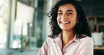 Buy stock photo Happy, office and portrait of business woman with confidence, pride and company consultant. Corporate, professional and person with smile for financial advisor, investment and job opportunity
