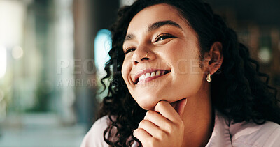 Buy stock photo Happy woman, thinking and business with vision for career opportunity, development or improvement. Female person, employee or smile with sight in wonder for inspiration or day dreaming at workplace