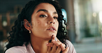 Buy stock photo Thinking, doubt and businesswoman in office with plan for creative project with ideas for research. Decision, choice and magazine editor with brainstorming for solution with article publishing.