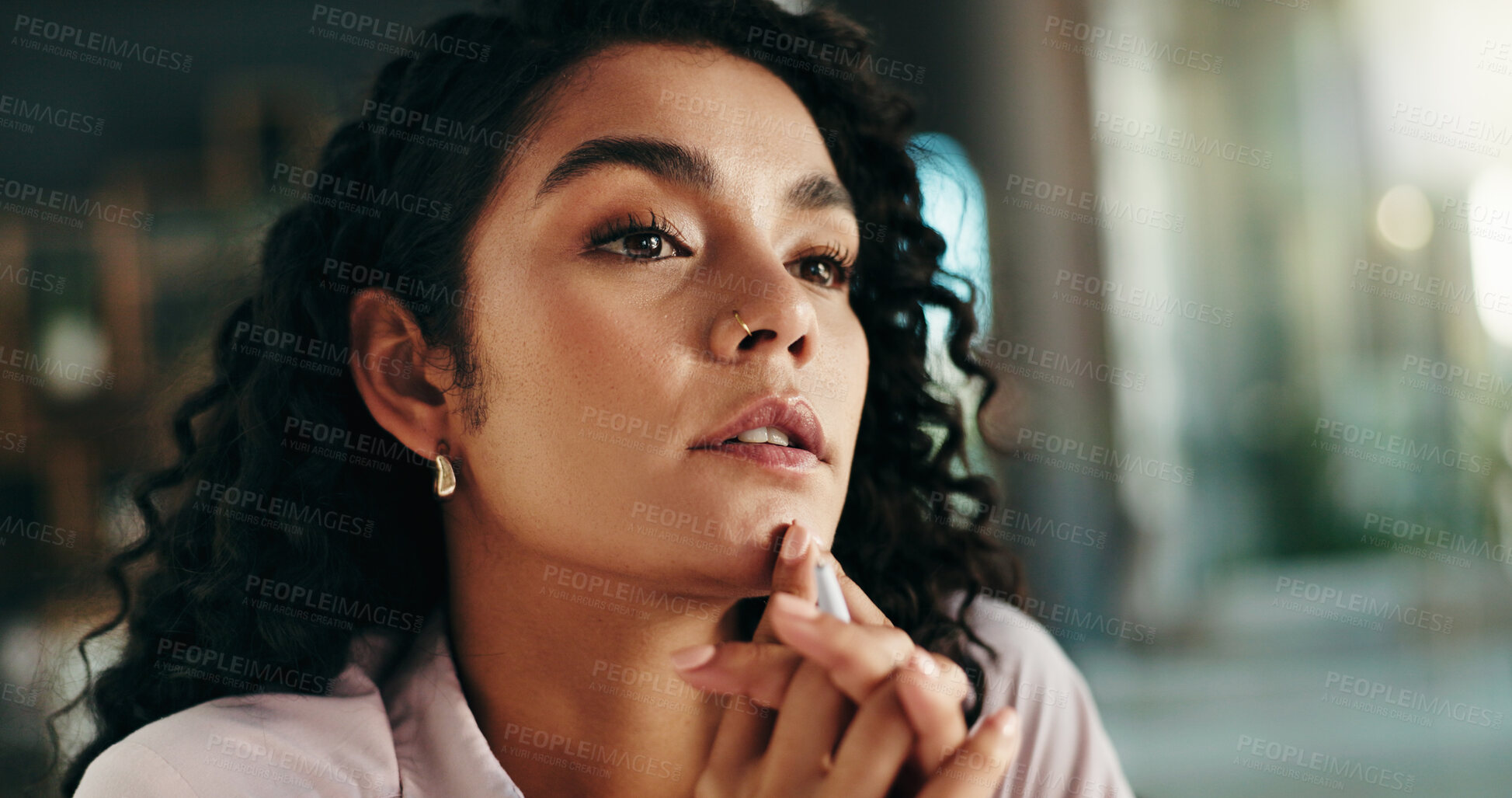 Buy stock photo Thinking, doubt and businesswoman in office with plan for creative project with ideas for research. Decision, choice and magazine editor with brainstorming for solution with article publishing.