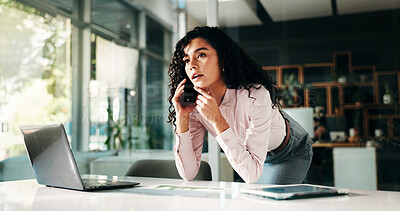 Buy stock photo Phone call, laptop and thinking with business woman in office for networking, schedule and idea. Client appointment, planning and reflection with person as virtual consultant, vision and research