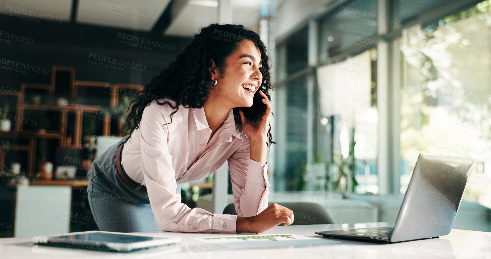 Buy stock photo Business, phone call and woman with documents, smile and communication with laptop. Person, employee and financial advisor in office, smartphone and planning for budget report, PC and negotiation