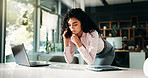 Business, phone call and woman with documents, charts and communication for audit schedule. Person, employee and financial advisor in office, cellphone and planning for budget report and stock market