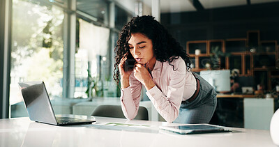 Buy stock photo Business, phone call and woman with documents, charts and communication for audit schedule. Person, employee and financial advisor in office, cellphone and planning for budget report and stock market