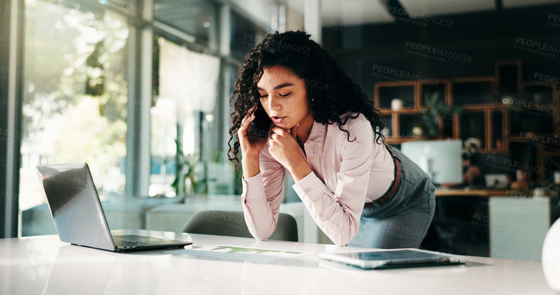 Buy stock photo Business, phone call and woman with documents, charts and communication for audit schedule. Person, employee and financial advisor in office, cellphone and planning for budget report and stock market