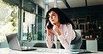 Business, phone call and woman with laptop, thinking and communication for audit schedule. Person, employee and financial advisor in office, cellphone or ideas with computer, internet or stock market